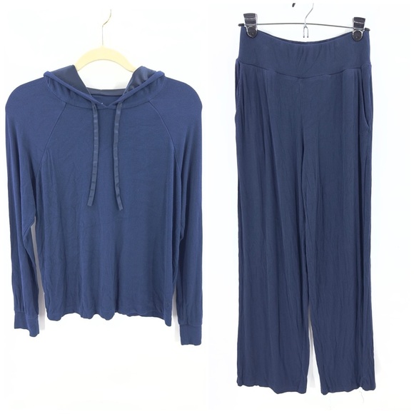 Cozy Earth Womens Bamboo Rib Knit SET Hoodie Wide Leg Pants Size S/M Navy Blue - Picture 1 of 16